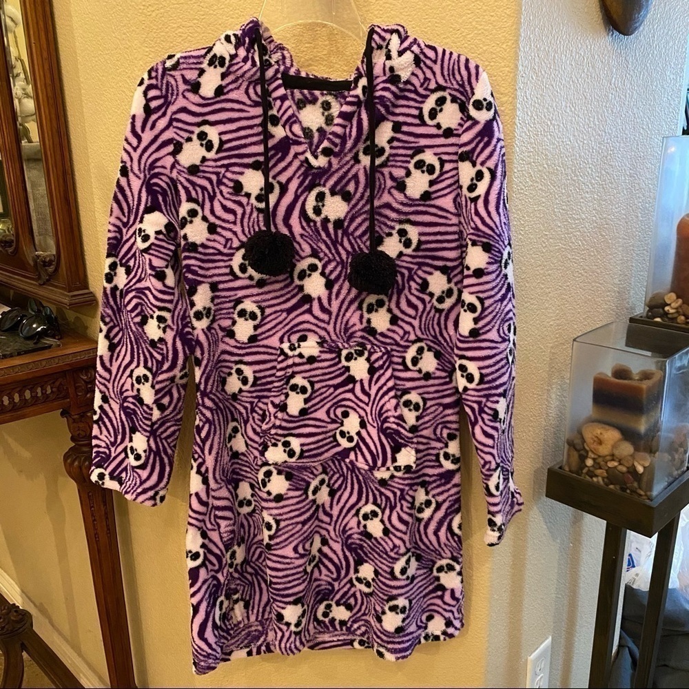 PANDA Print Purple Plush Fleece Drawstring Hooded Sleep Dress Size Small